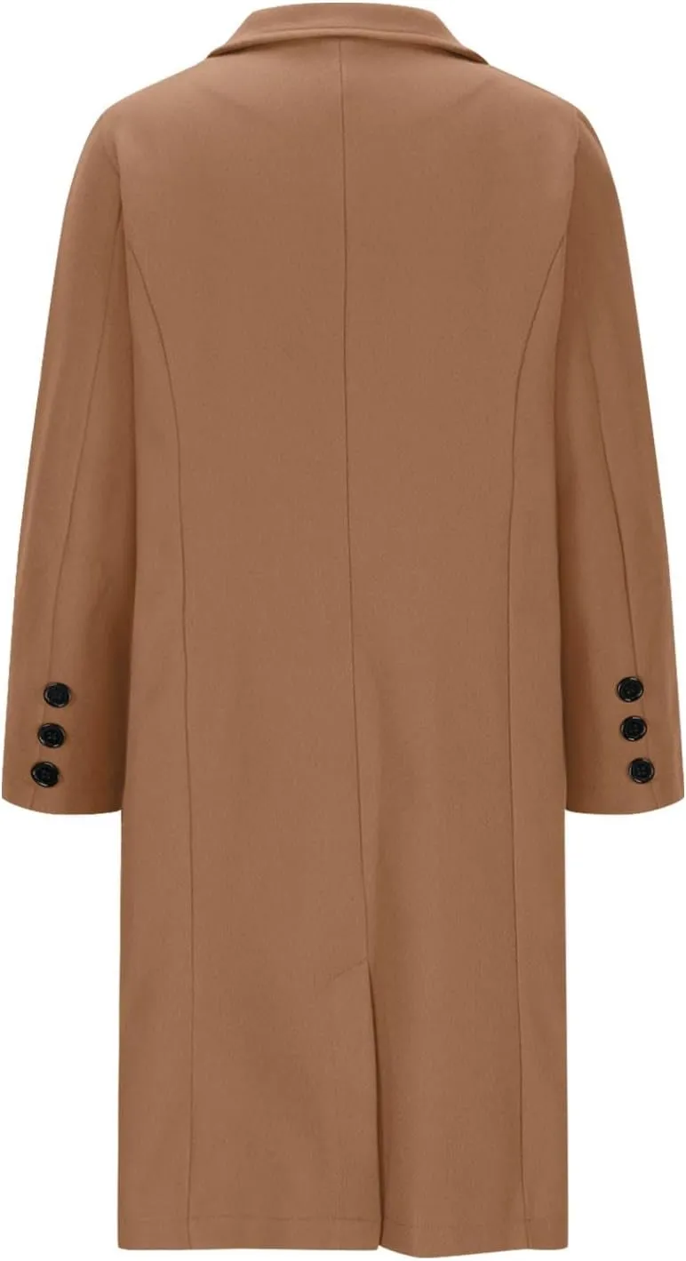 Borniu Womens Notched Lapel Collar Single Breasted Pea Coat Winter Wool Blend Over Coats Long Jackets Outerwear