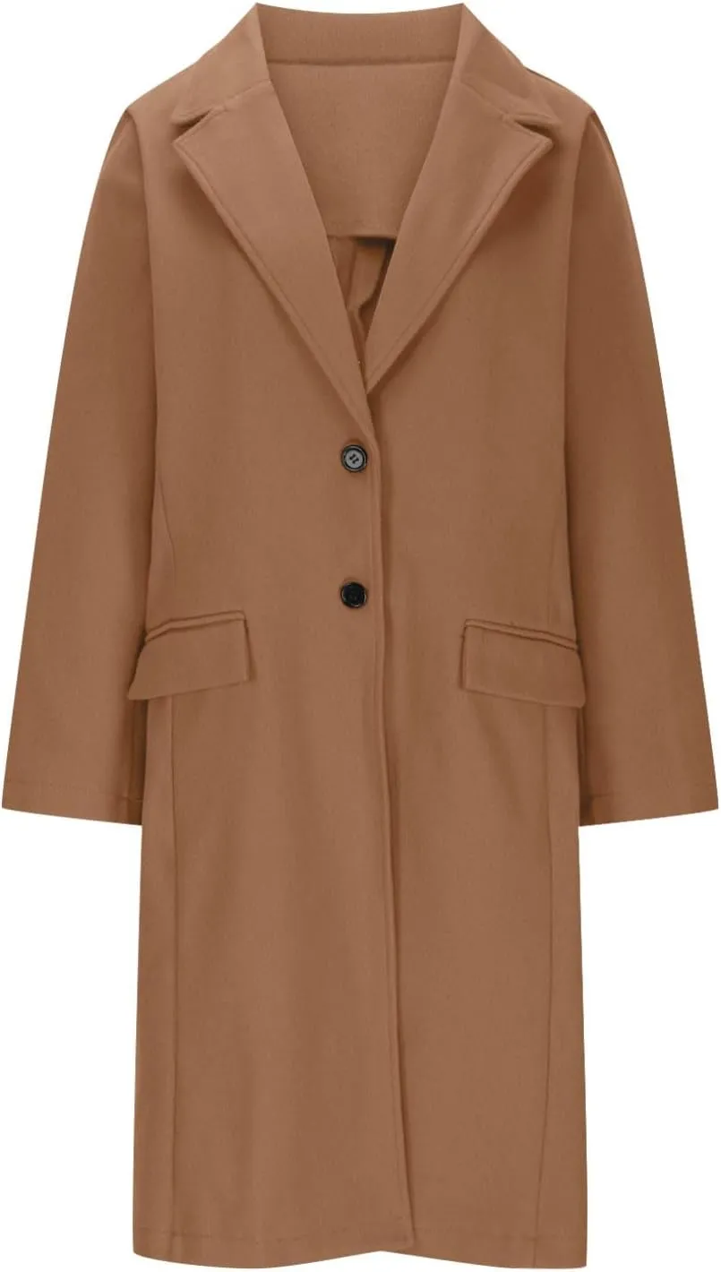 Borniu Womens Notched Lapel Collar Single Breasted Pea Coat Winter Wool Blend Over Coats Long Jackets Outerwear