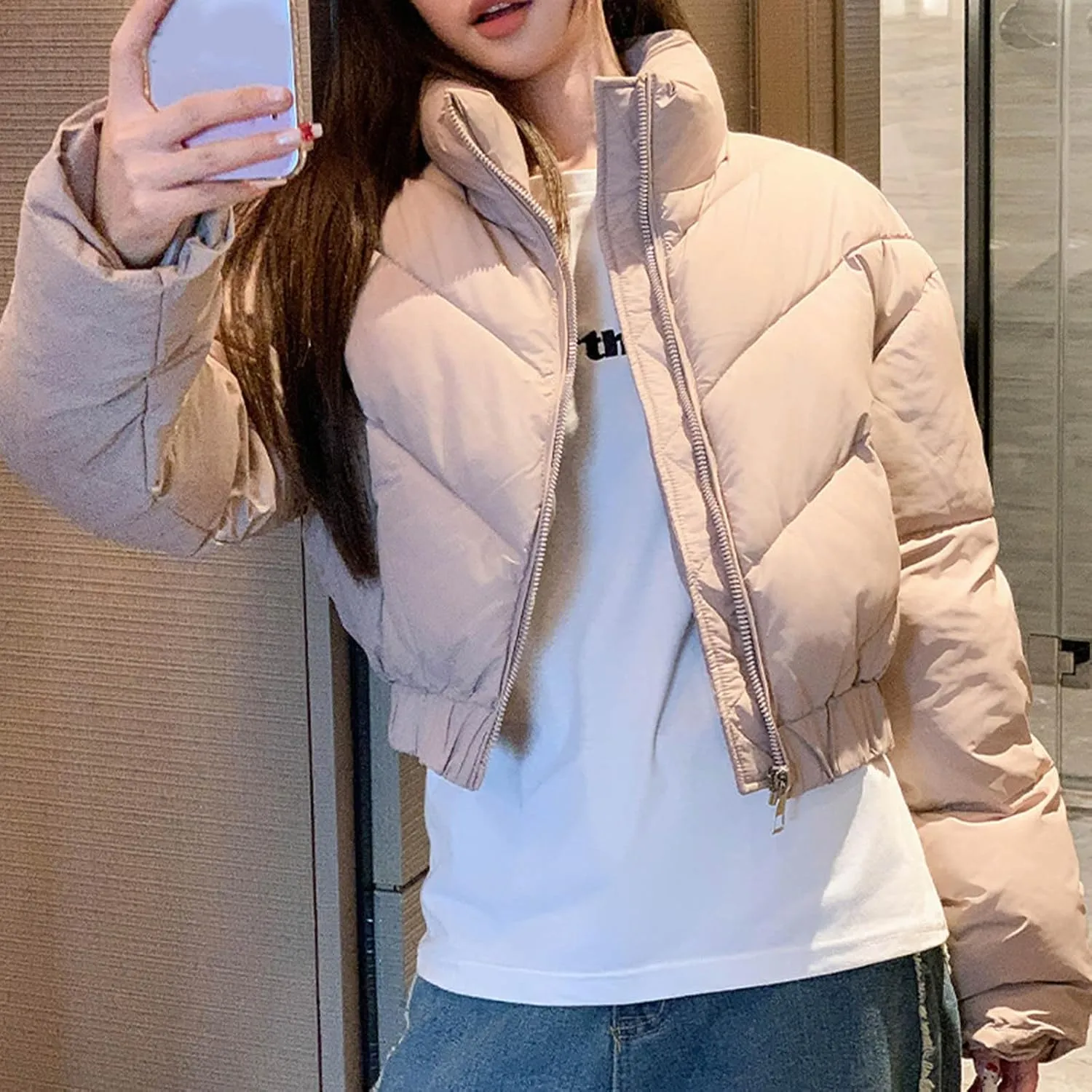 Borniu Women's Winter Cropped Puffer Jacket Long Sleeve Oversized Stand Collar Zip-Up Short Down Coat with Pockets
