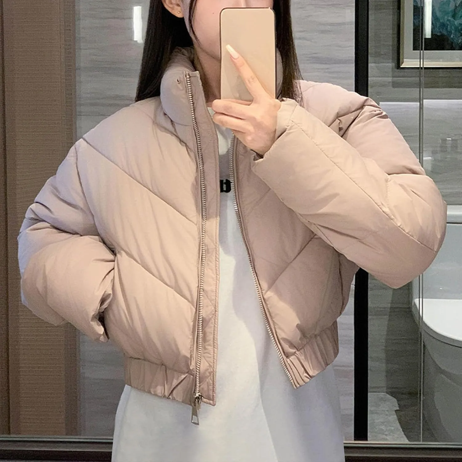Borniu Women's Winter Cropped Puffer Jacket Long Sleeve Oversized Stand Collar Zip-Up Short Down Coat with Pockets
