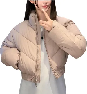 Borniu Women's Winter Cropped Puffer Jacket Long Sleeve Oversized Stand Collar Zip-Up Short Down Coat with Pockets