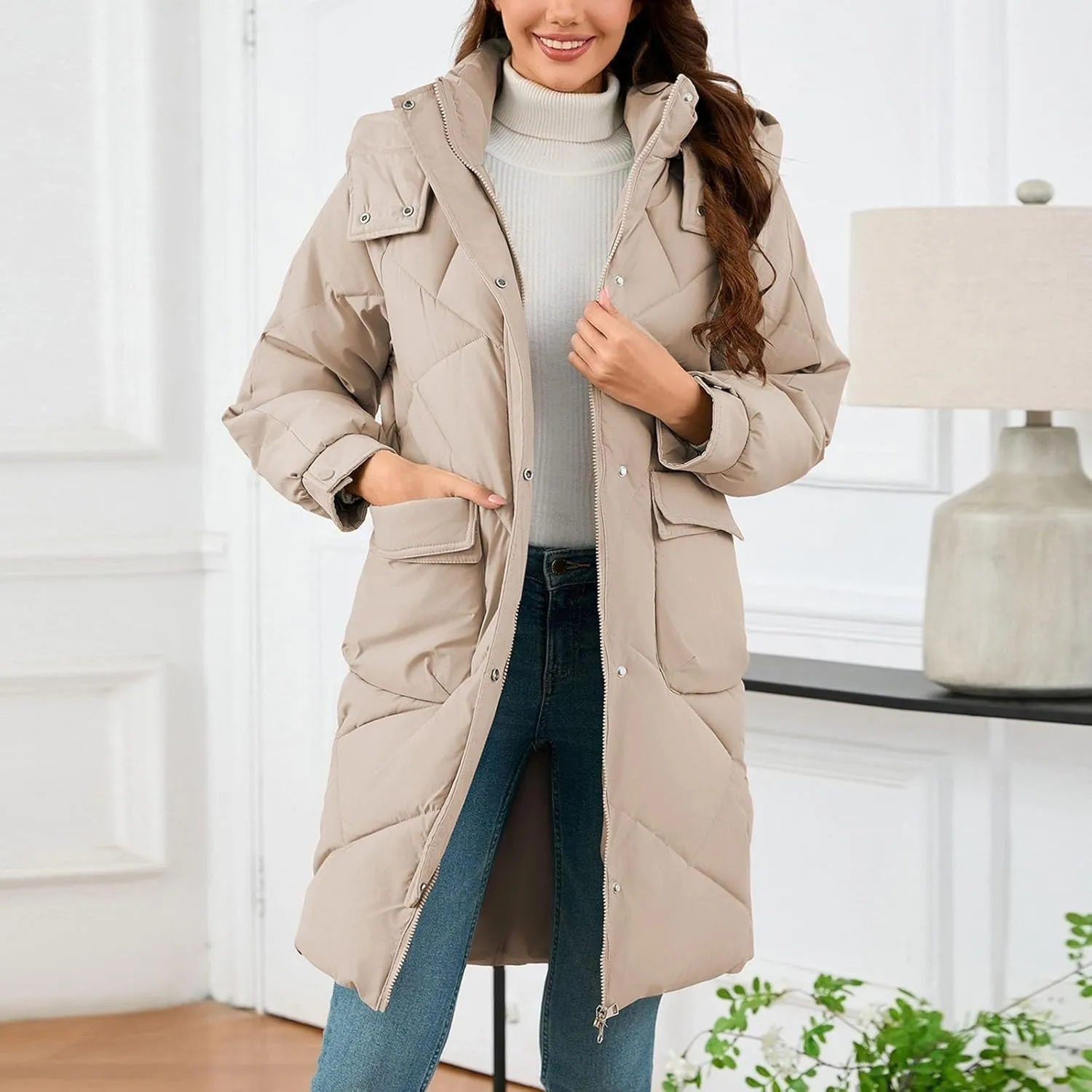 Borniu Women's Winter Long Puffer Coats Hooded Zip Up Casual Thickened Down Jackets Warm Quilted Jacket with Pockets