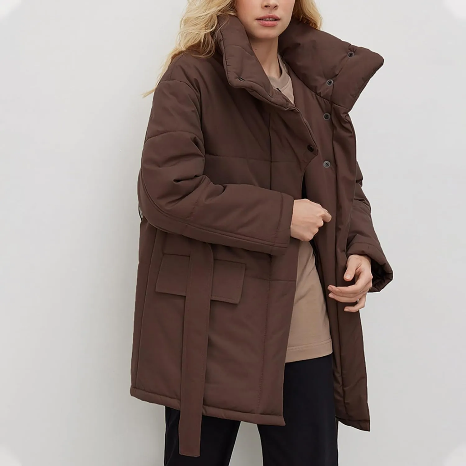 Borniu Women's Winter Puffer Jacket Lightweight Quilted Long Down Coat with Belt Trendy Warm Clothes Outerwear