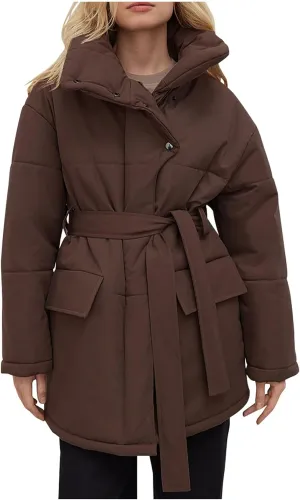 Borniu Women's Winter Puffer Jacket Lightweight Quilted Long Down Coat with Belt Trendy Warm Clothes Outerwear
