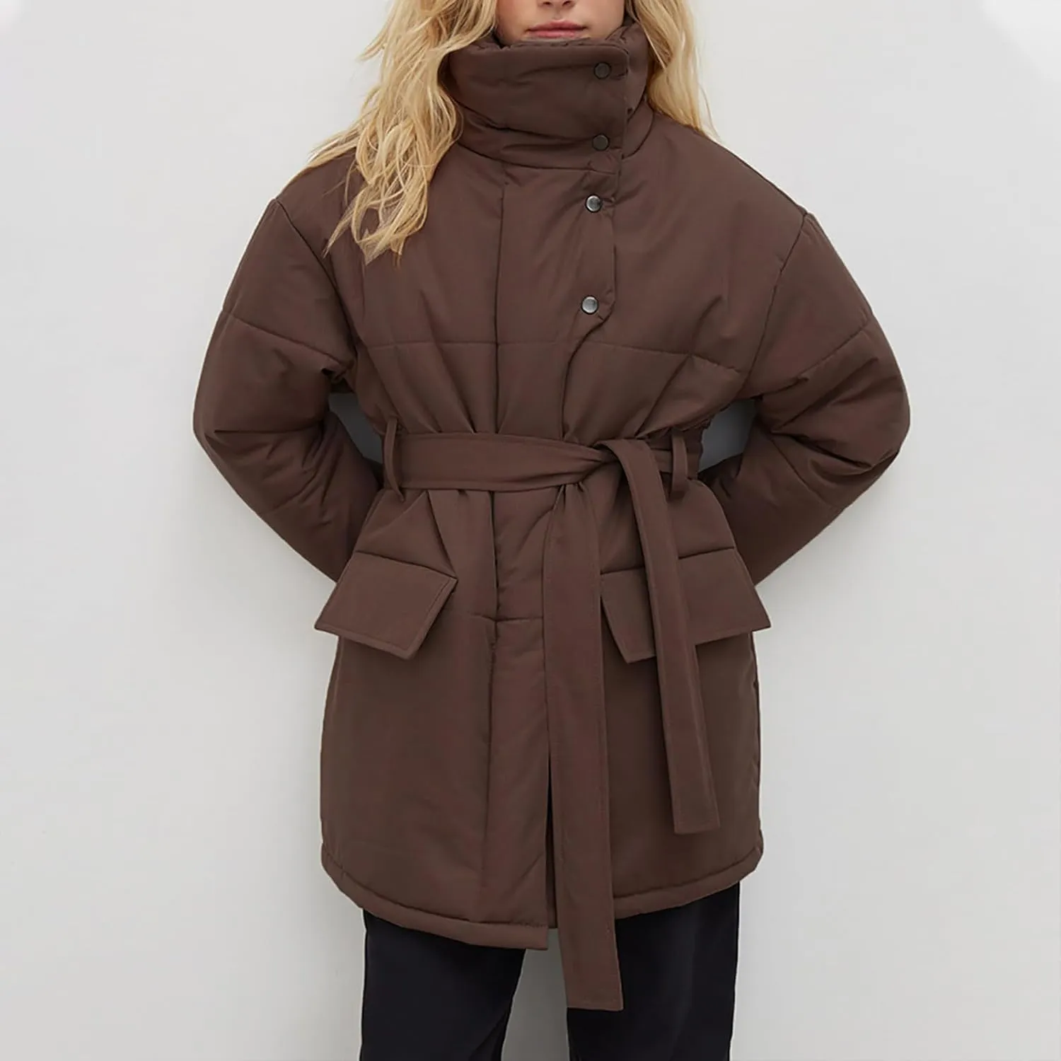 Borniu Women's Winter Puffer Jacket Lightweight Quilted Long Down Coat with Belt Trendy Warm Clothes Outerwear