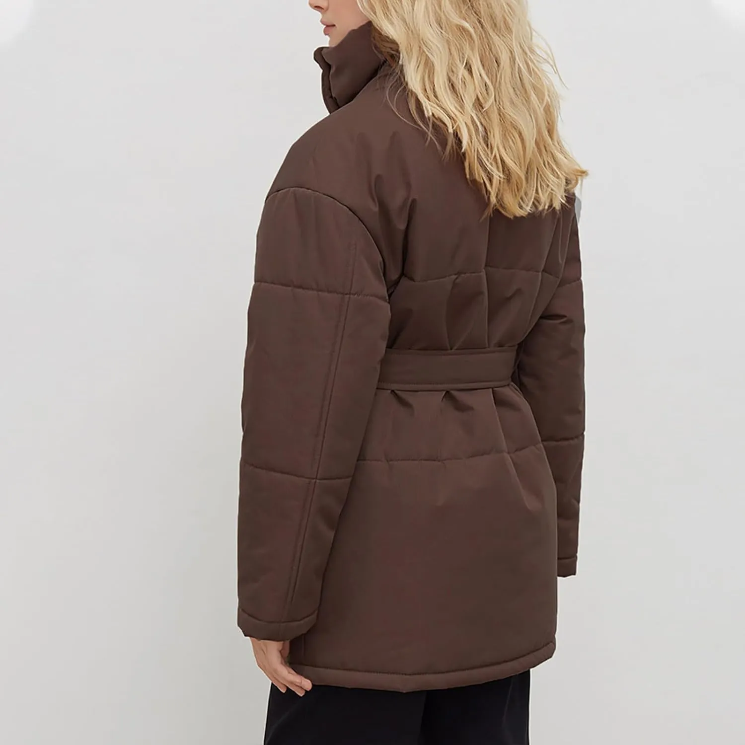Borniu Women's Winter Puffer Jacket Lightweight Quilted Long Down Coat with Belt Trendy Warm Clothes Outerwear