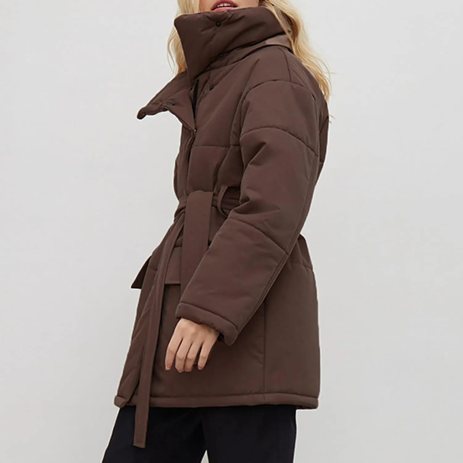 Borniu Women's Winter Puffer Jacket Lightweight Quilted Long Down Coat with Belt Trendy Warm Clothes Outerwear