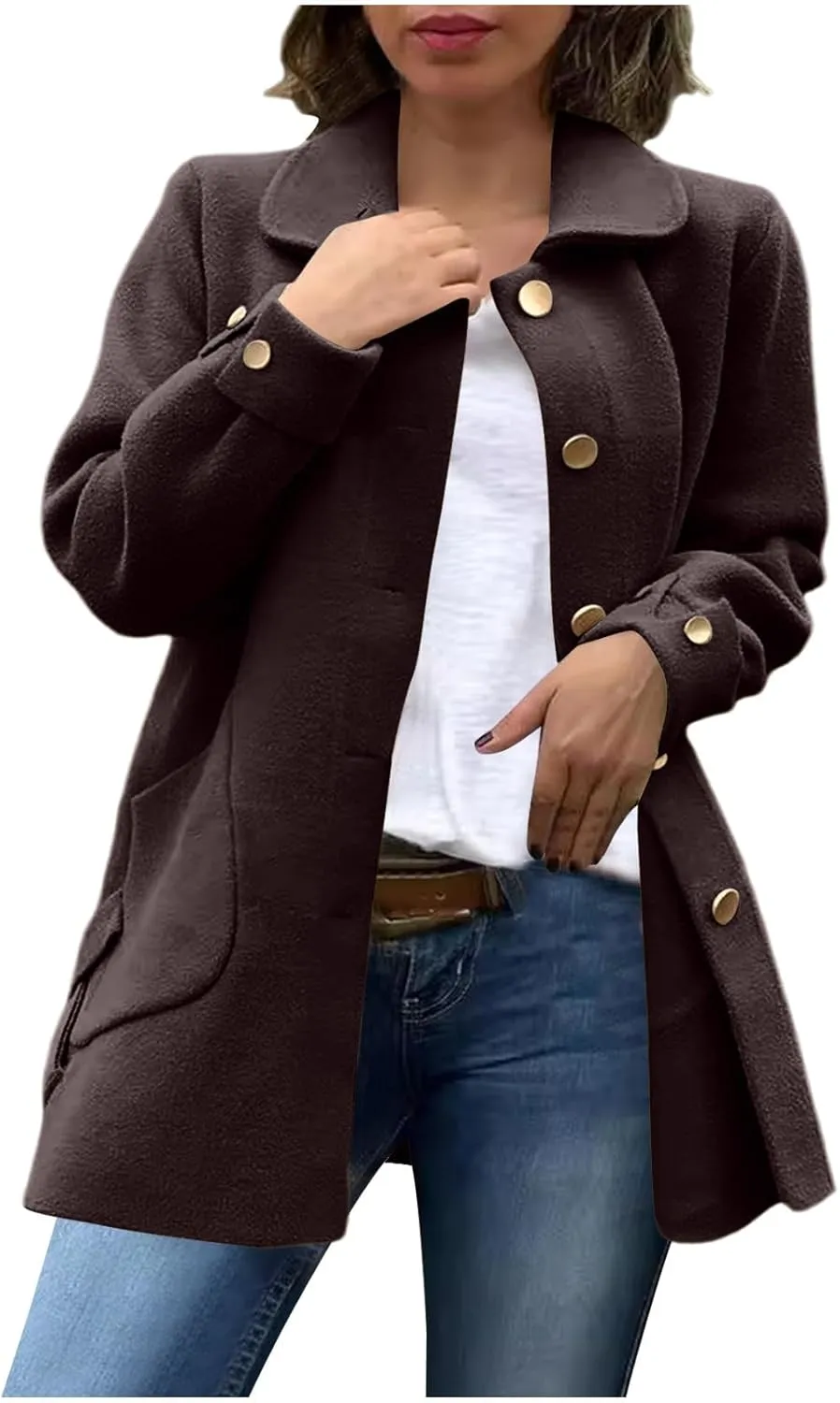 Borniu Women's Wool Blend Pea Coat Lapel Collar Single Breasted Trench Coat Outwear Open Front Cardigan Winter Jackets