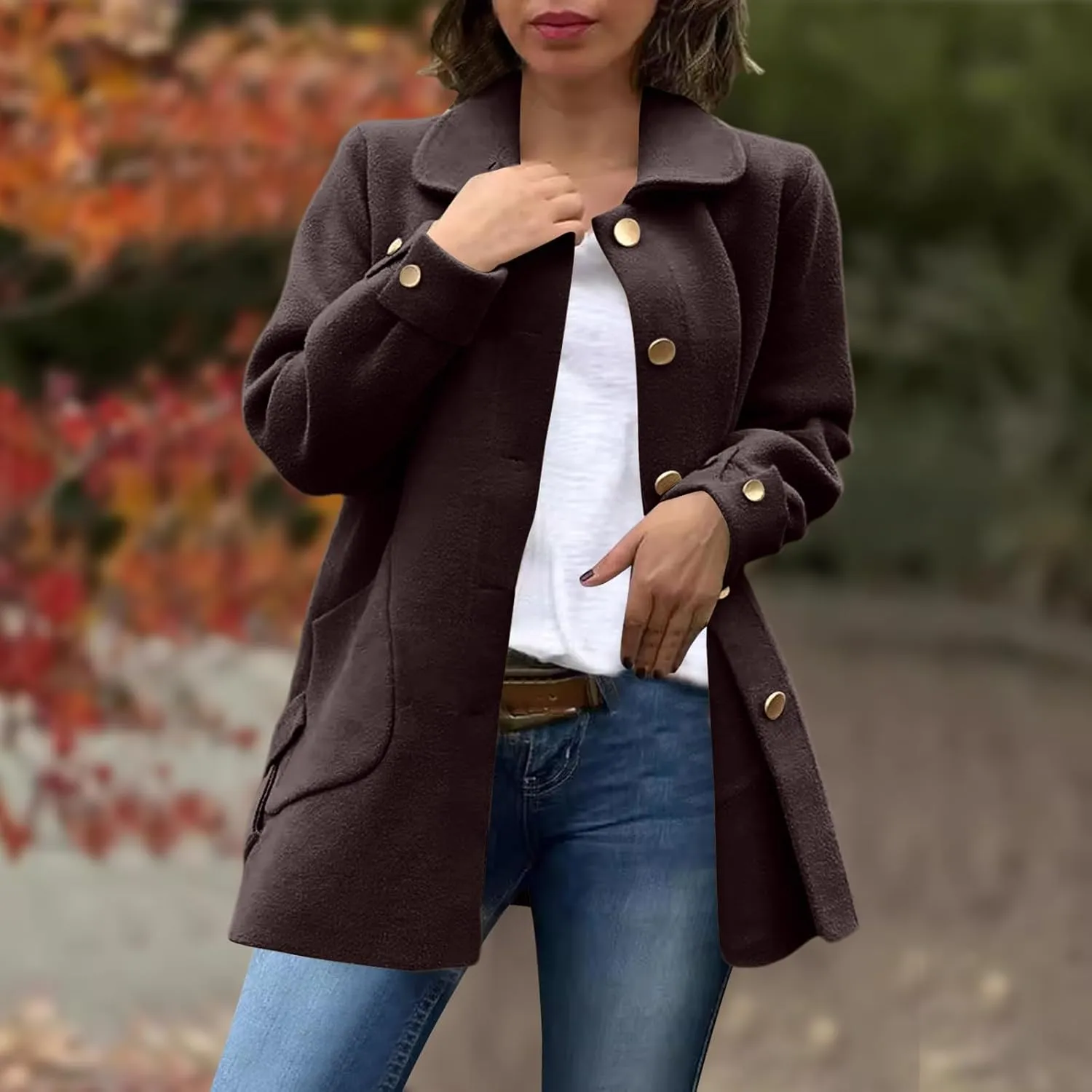 Borniu Women's Wool Blend Pea Coat Lapel Collar Single Breasted Trench Coat Outwear Open Front Cardigan Winter Jackets