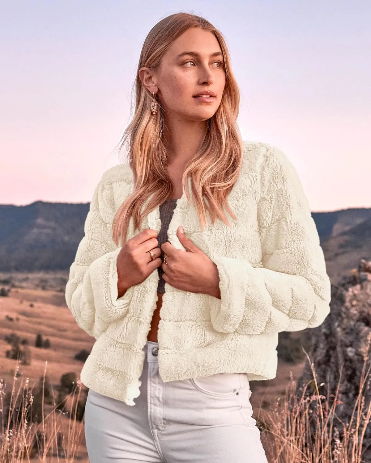BTFBM Womens Faux Fur Cropped Jacket Fall Winter Fashion 2025 Soft Long Sleeve Open Front Fluffy Short Coat Outerwear