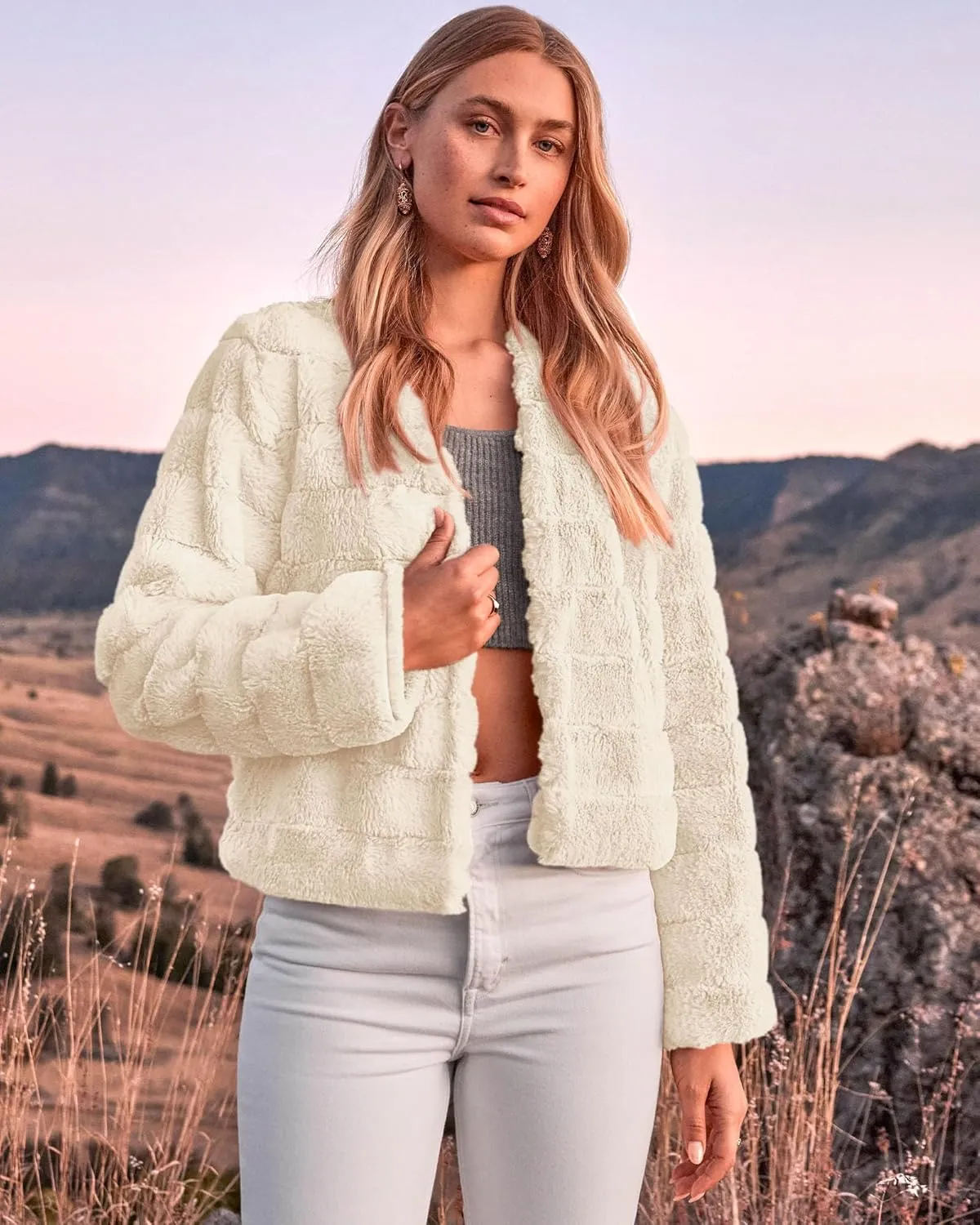 BTFBM Womens Faux Fur Cropped Jacket Fall Winter Fashion 2025 Soft Long Sleeve Open Front Fluffy Short Coat Outerwear