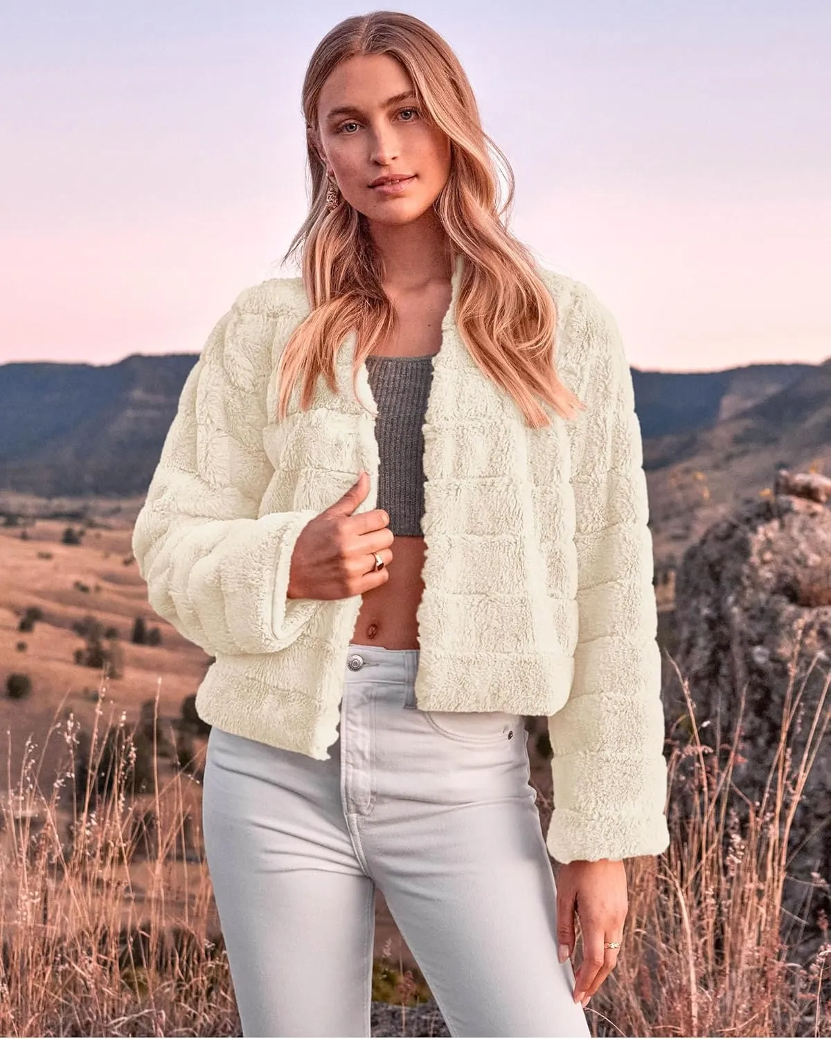 BTFBM Womens Faux Fur Cropped Jacket Fall Winter Fashion 2025 Soft Long Sleeve Open Front Fluffy Short Coat Outerwear