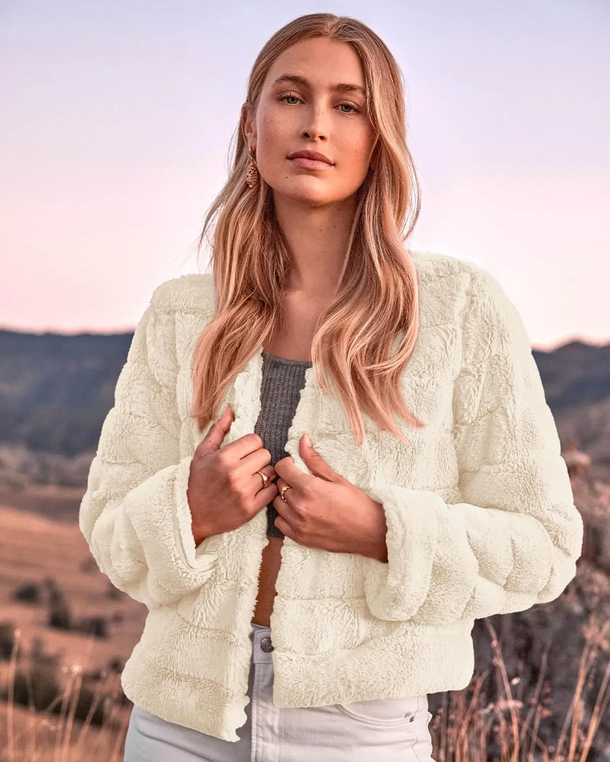 BTFBM Womens Faux Fur Cropped Jacket Fall Winter Fashion 2025 Soft Long Sleeve Open Front Fluffy Short Coat Outerwear