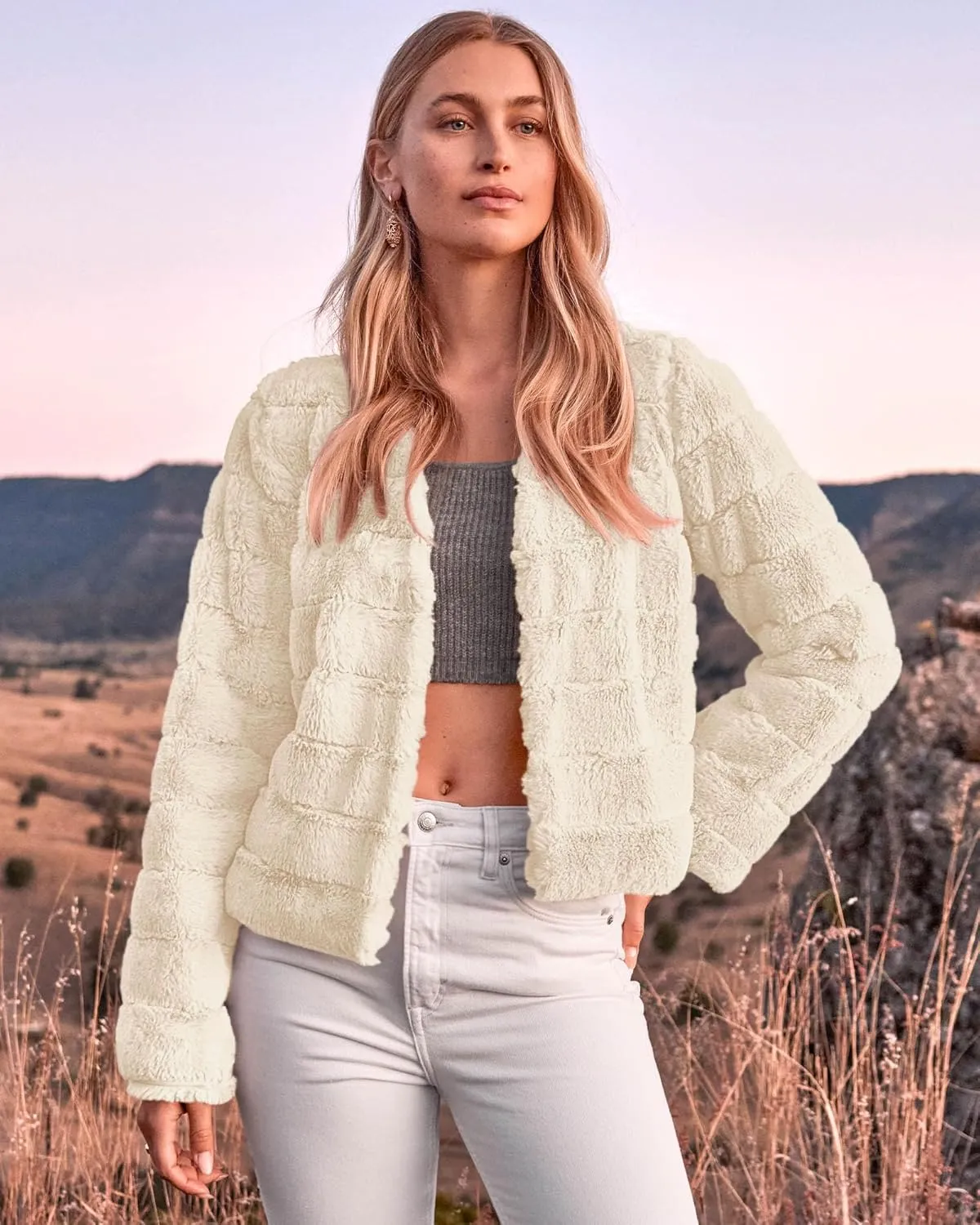 BTFBM Womens Faux Fur Cropped Jacket Fall Winter Fashion 2025 Soft Long Sleeve Open Front Fluffy Short Coat Outerwear