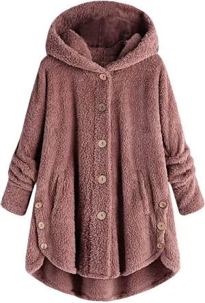Button Down Cloak Jackets for Women Long Sleeve Fall Hoodies Fuzzy Flannel Jacket Coats Side Slit High Low Outerwears
