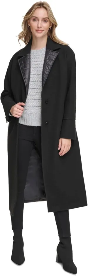 Calvin Klein Womens Long Quilted Puffer Trim Trench Coat, Black, Small