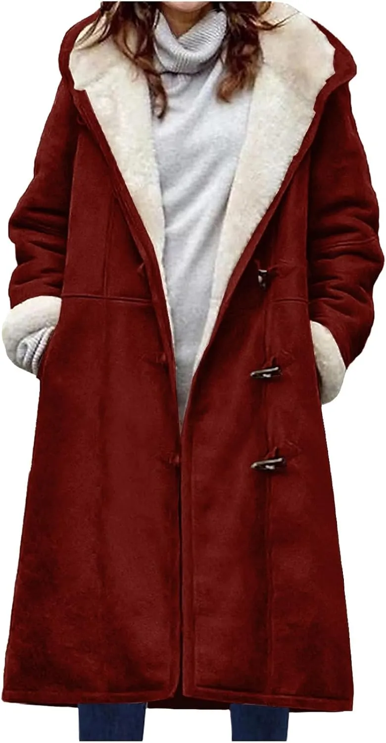 Canbebig Womens Long Sherpa Lined Suede Leather Hooded Coat Horn Button Jacket Winter Warm Longline Parka Outwear with Pocket