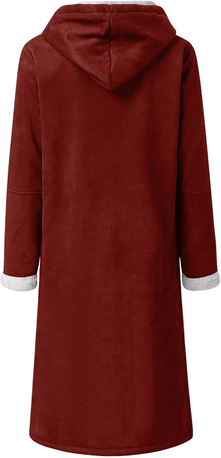 Canbebig Womens Long Sherpa Lined Suede Leather Hooded Coat Horn Button Jacket Winter Warm Longline Parka Outwear with Pocket