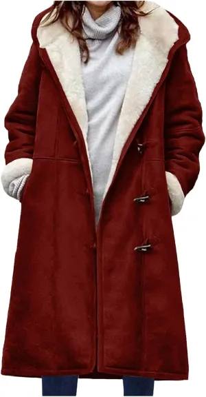 Canbebig Womens Long Sherpa Lined Suede Leather Hooded Coat Horn Button Jacket Winter Warm Longline Parka Outwear with Pocket