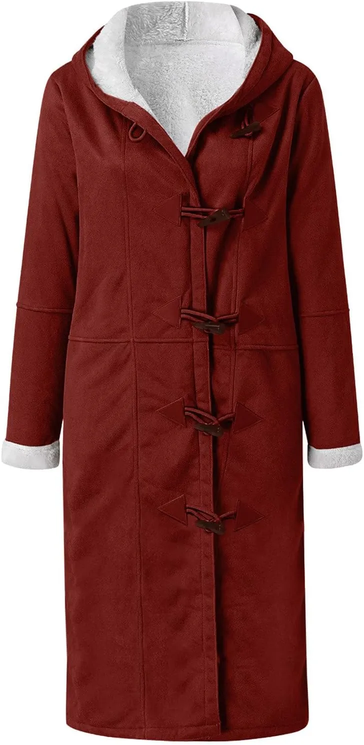 Canbebig Womens Long Sherpa Lined Suede Leather Hooded Coat Horn Button Jacket Winter Warm Longline Parka Outwear with Pocket