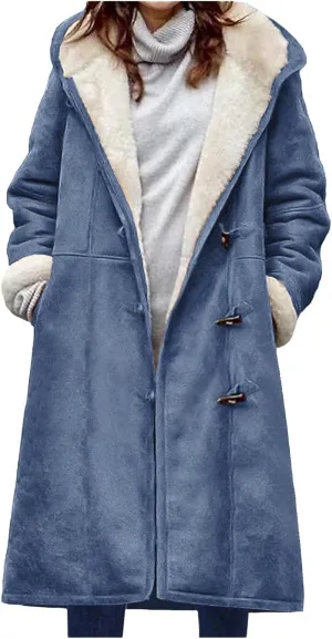 Canbebig Womens Long Sherpa Lined Suede Leather Hooded Coat Horn Button Jacket Winter Warm Longline Parka Outwear with Pocket