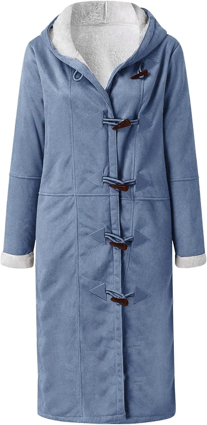 Canbebig Womens Long Sherpa Lined Suede Leather Hooded Coat Horn Button Jacket Winter Warm Longline Parka Outwear with Pocket