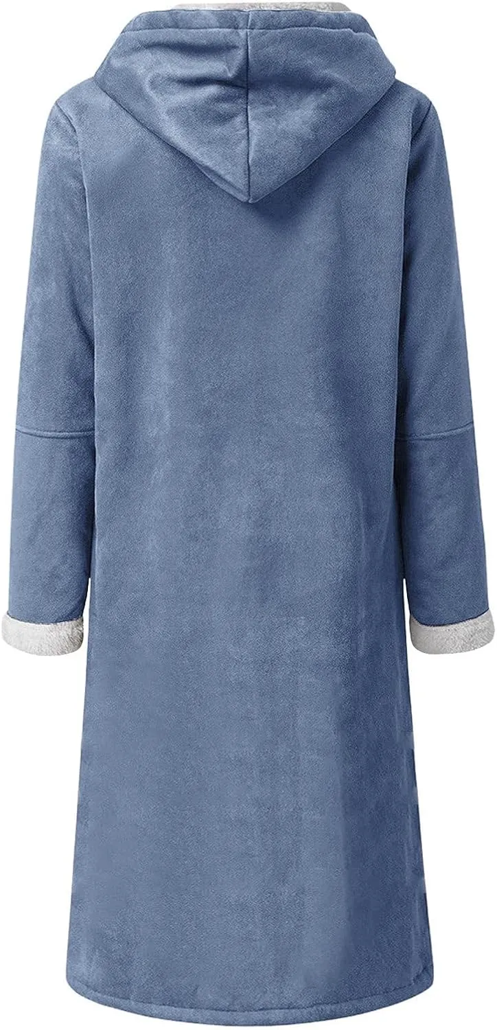 Canbebig Womens Long Sherpa Lined Suede Leather Hooded Coat Horn Button Jacket Winter Warm Longline Parka Outwear with Pocket