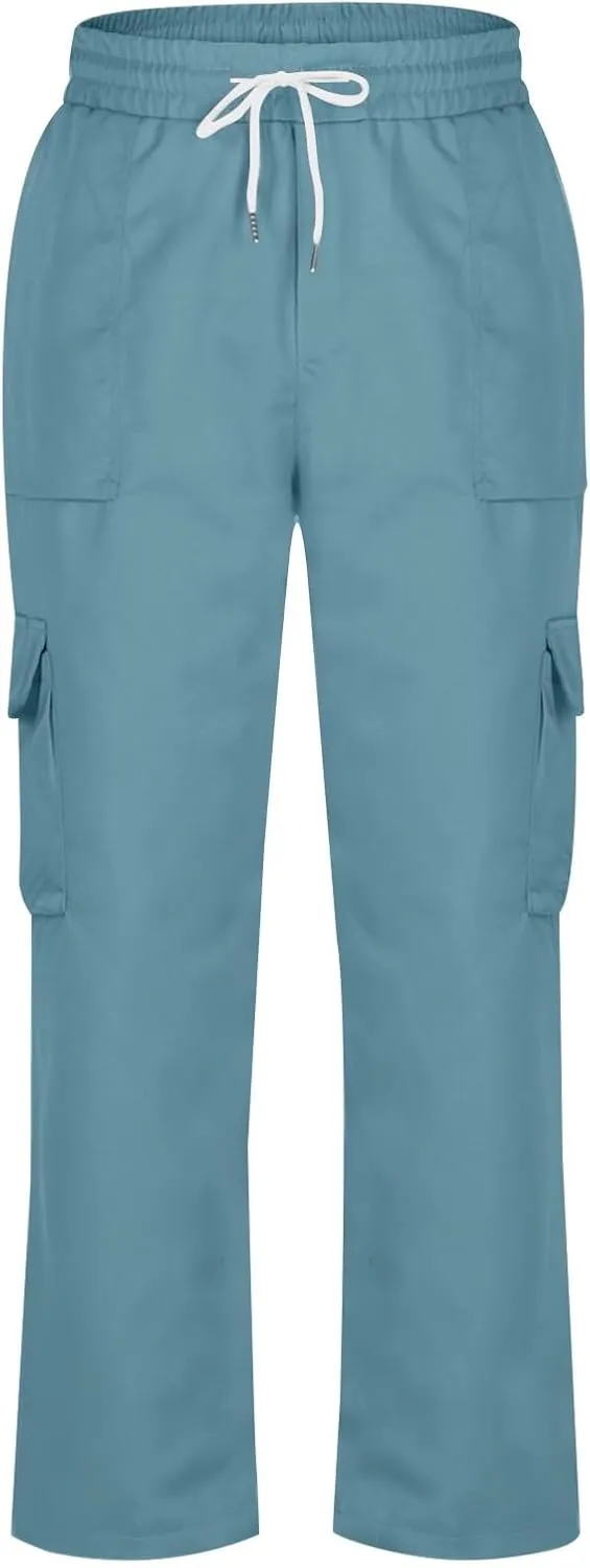 Cargo Work Pants for Men Elastic Waist Chino Pants Straight Leg Pants Drawstring Stretch Active Pants with Pockets