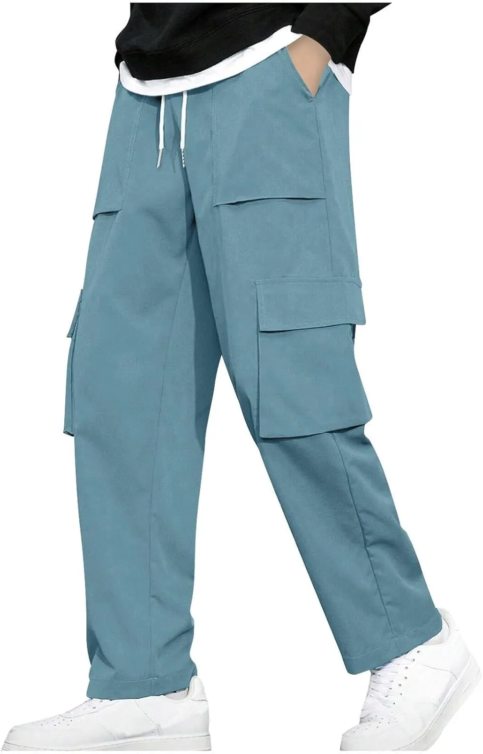 Cargo Work Pants for Men Elastic Waist Chino Pants Straight Leg Pants Drawstring Stretch Active Pants with Pockets
