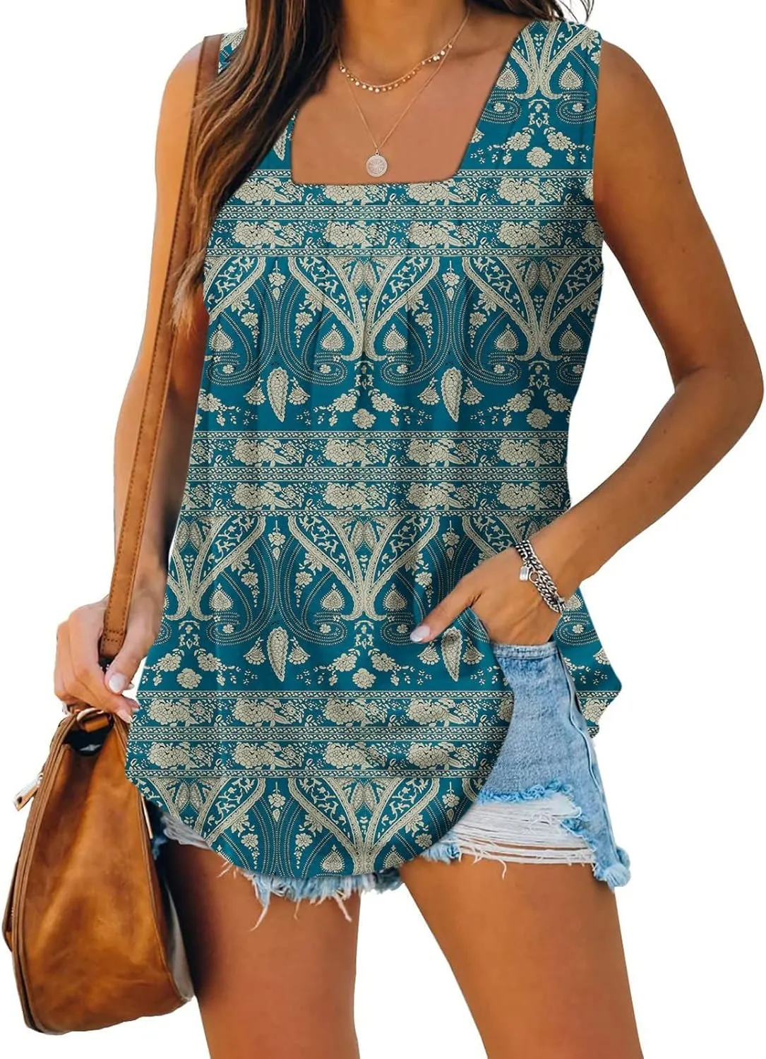 Ceboyel Women Sleeveless Pleated Summer Tops Loose Fit Camisole Shirt Square Neck Dressy Casual Tank Top 2023 Trendy Outfits