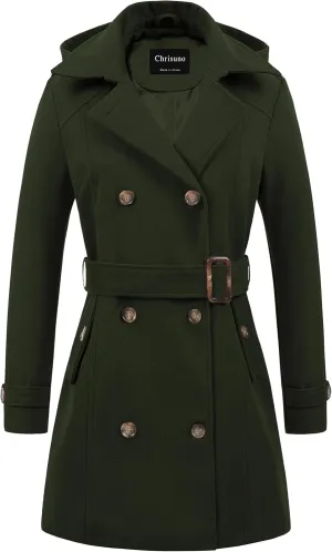 Chrisuno Women's Double Breasted Pea Coat Hooded Long Winter Trench Coat