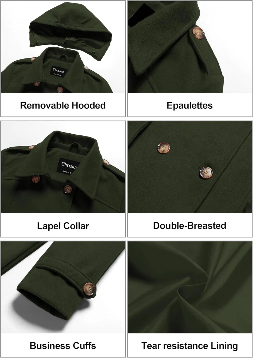 Chrisuno Women's Double Breasted Pea Coat Hooded Long Winter Trench Coat