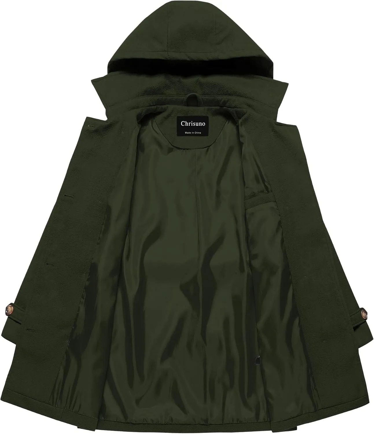 Chrisuno Women's Double Breasted Pea Coat Hooded Long Winter Trench Coat