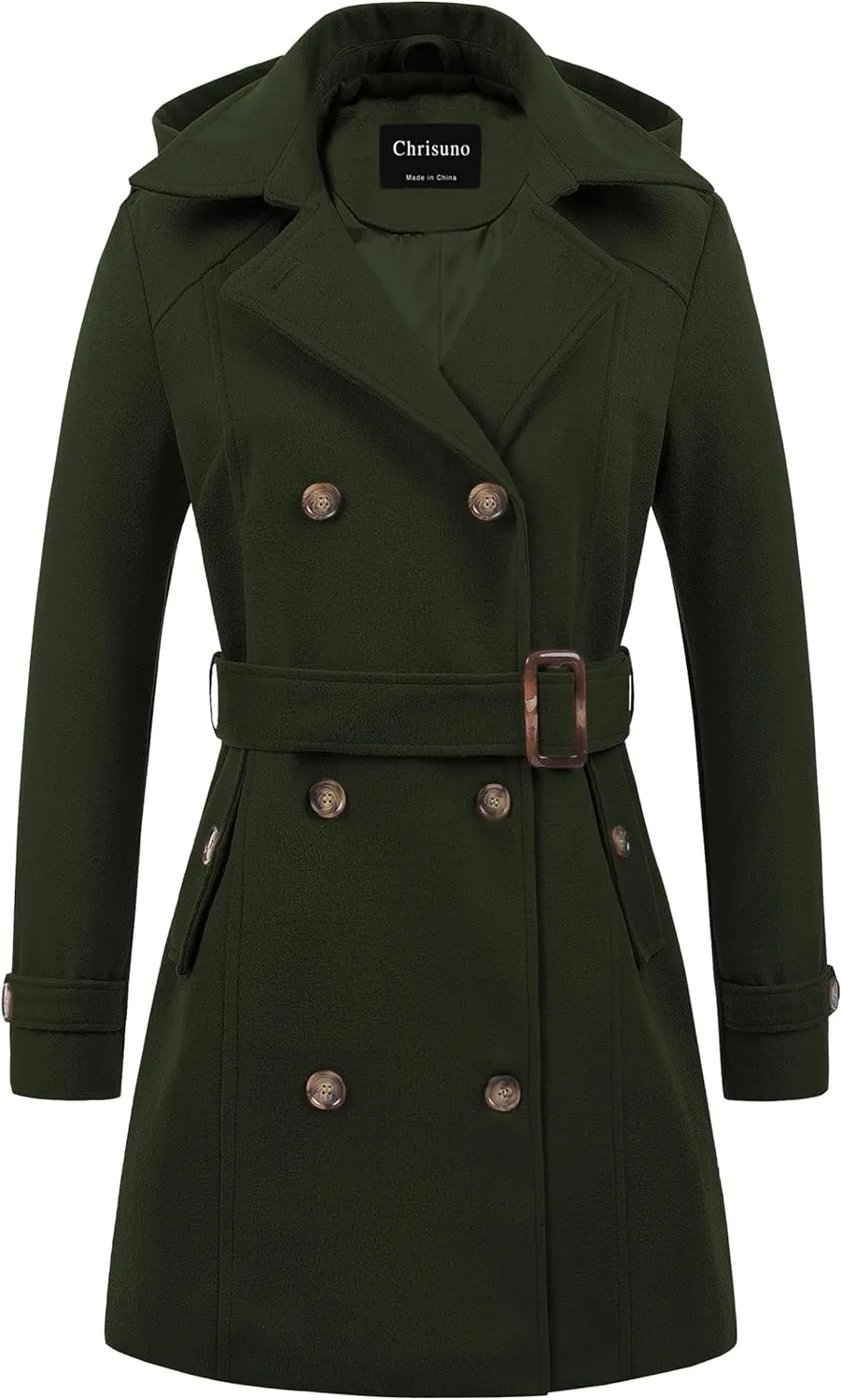 Chrisuno Women's Double Breasted Pea Coat Hooded Long Winter Trench Coat