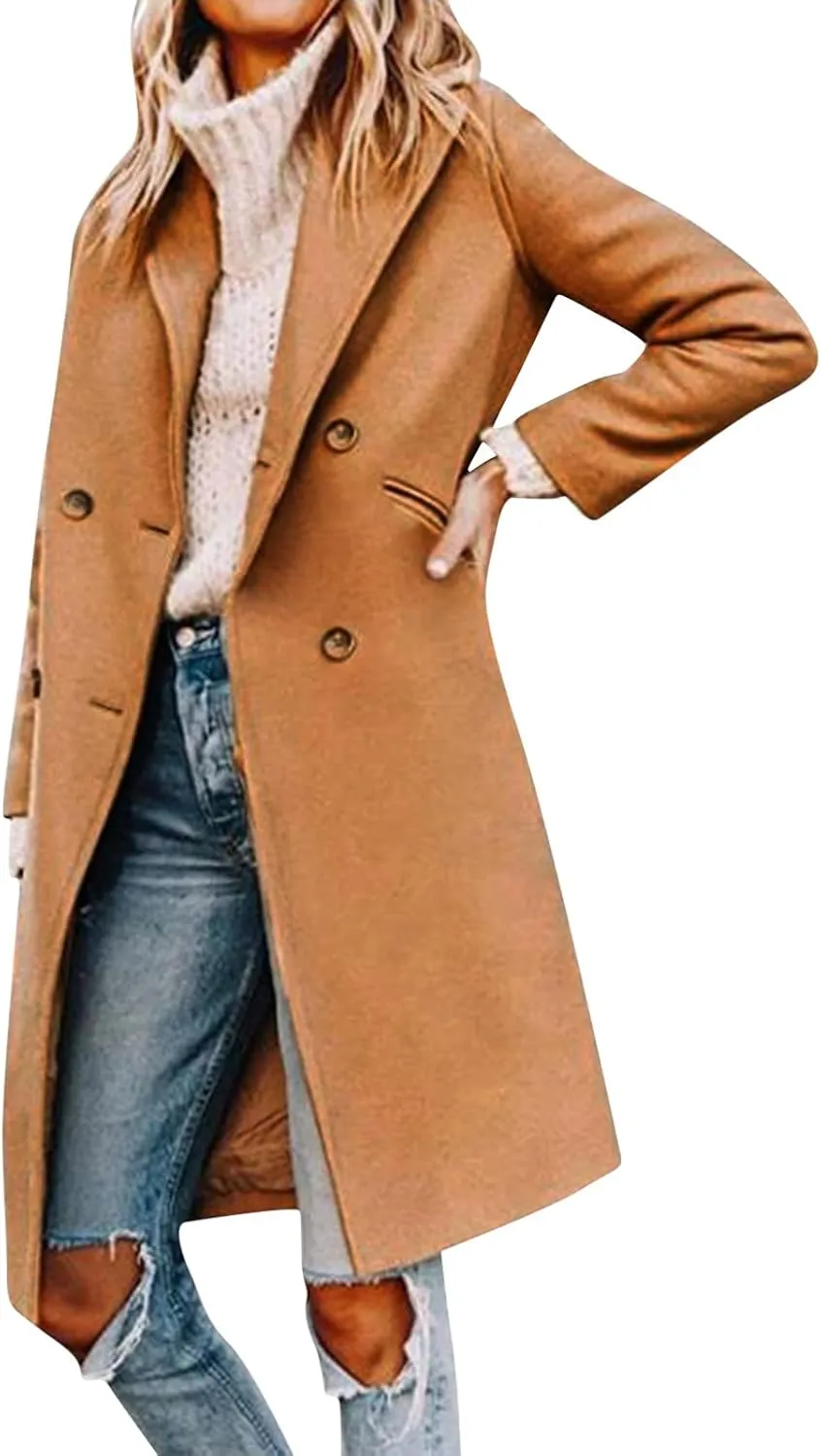 cooki Winter Coats for Women 2024 Trendy Long Trench Coat Lapel Wool Blend Pea Coats Warm Sherpa Jacket with Pockets