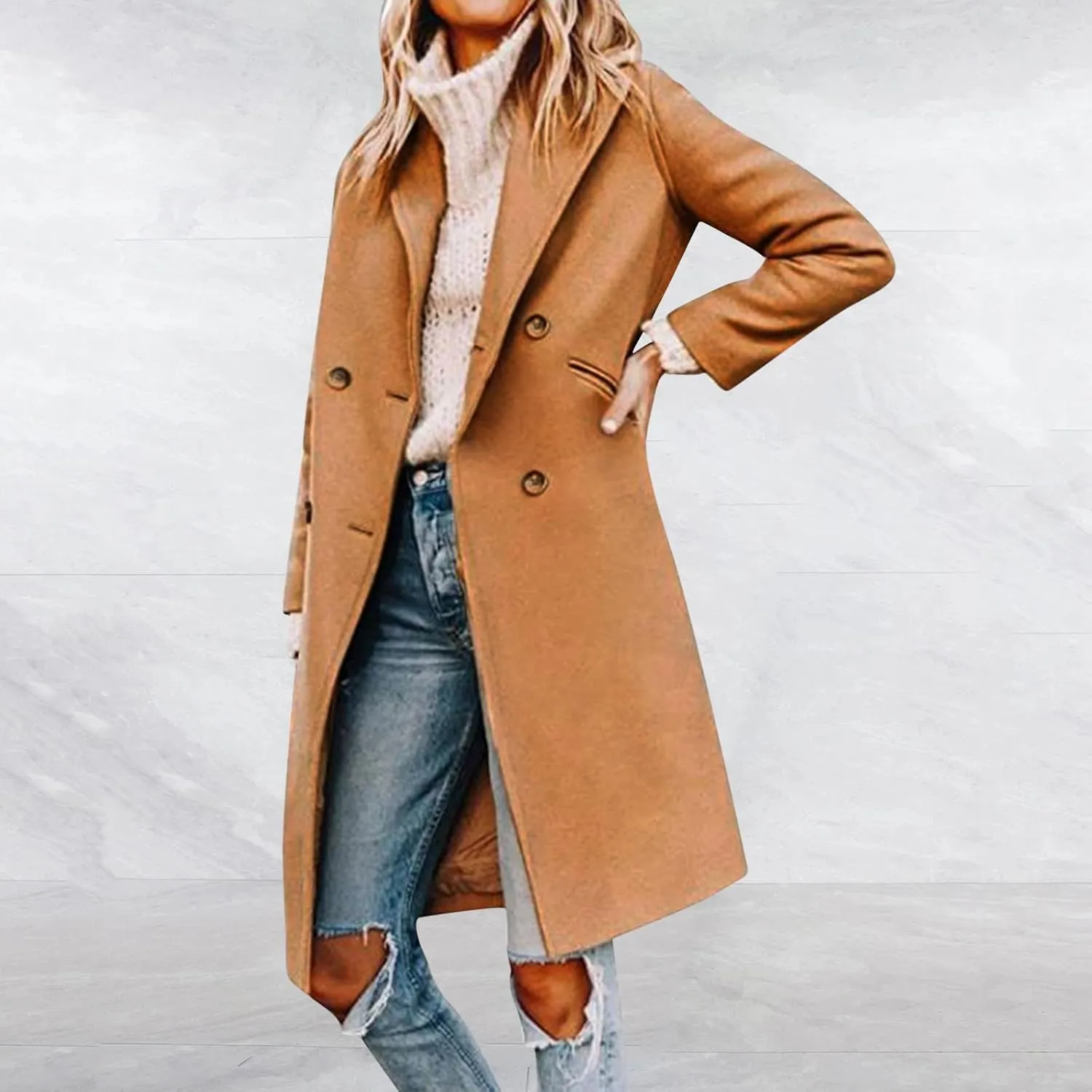 cooki Winter Coats for Women 2024 Trendy Long Trench Coat Lapel Wool Blend Pea Coats Warm Sherpa Jacket with Pockets