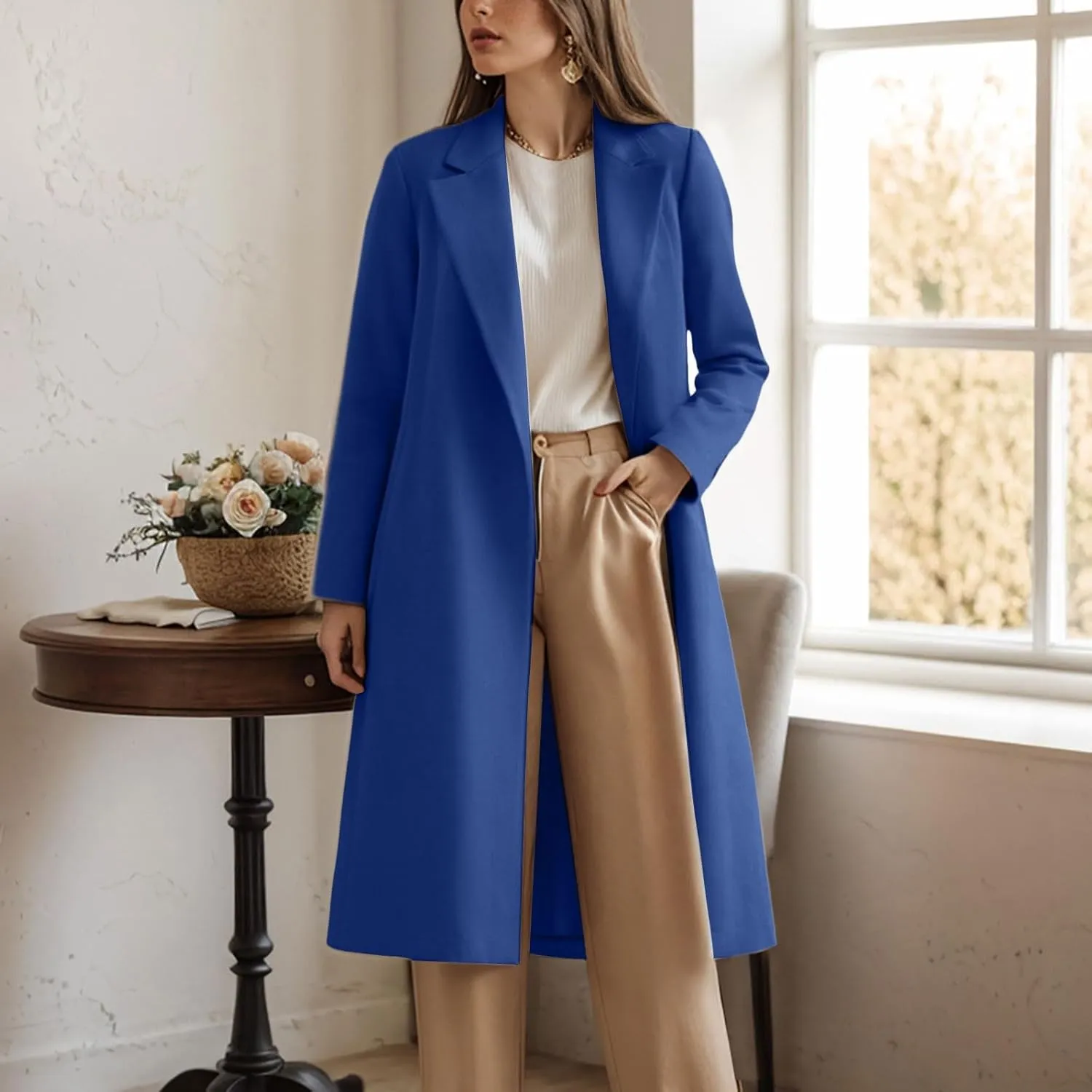 cooki Winter Coats for Women Long Warm Open Front Lapel Cardigan Jackets Womens Casual Wool Blend Trench Coats Pea Coats