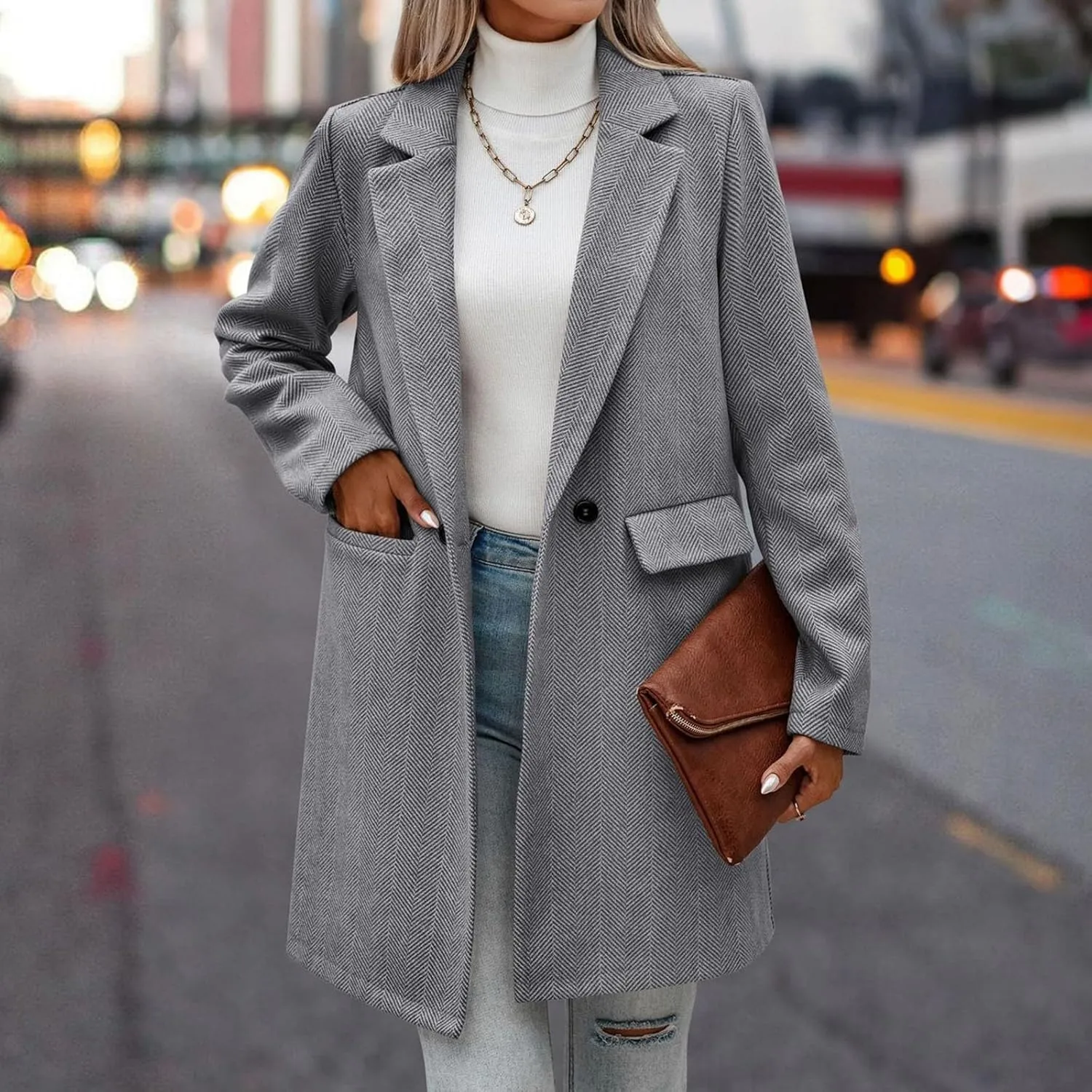 cooki Wool Coats for Women Long Women's Wool Coat Knee Length Jackets Winter Trench Coats Lapel Collar Button Down Peacoats