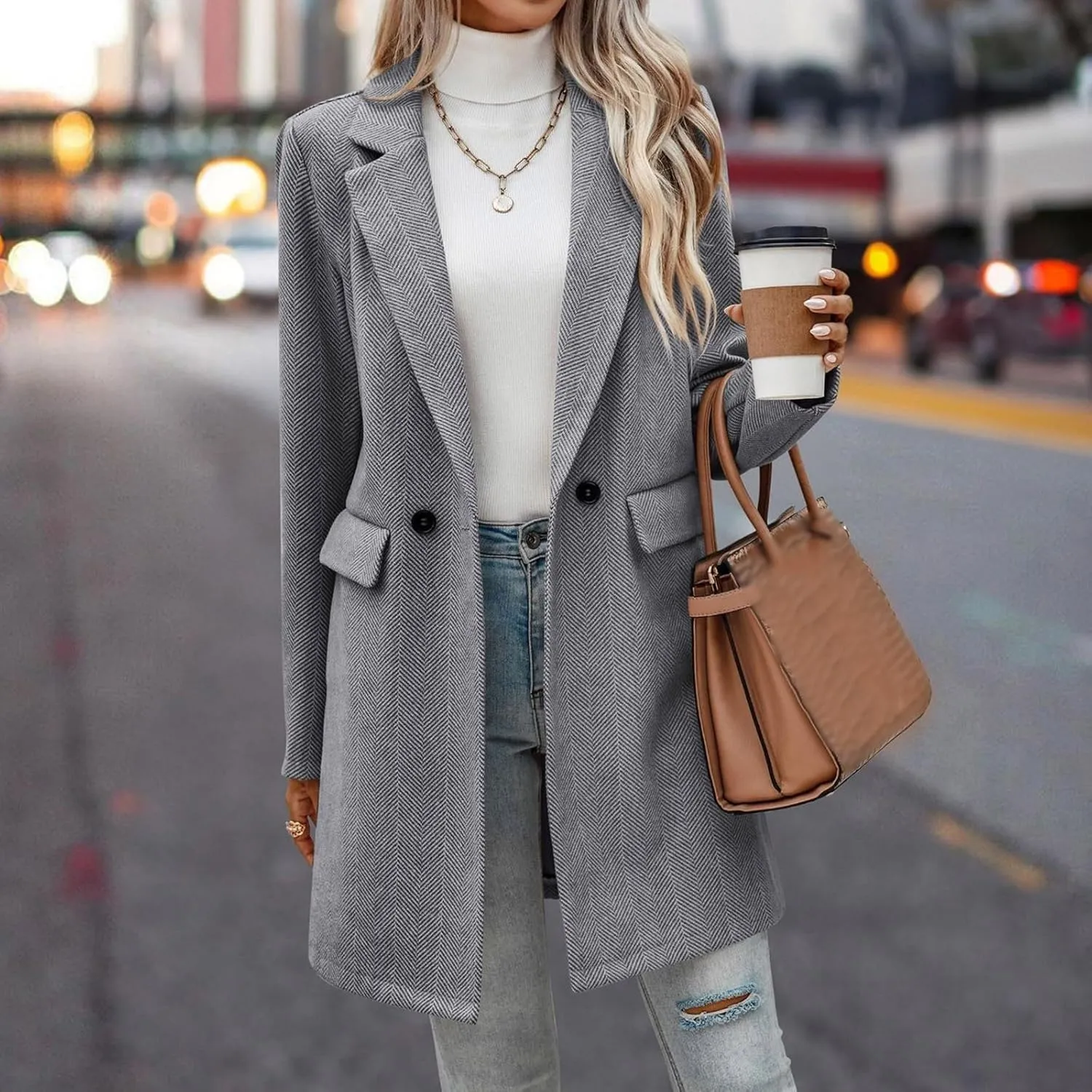 cooki Wool Coats for Women Long Women's Wool Coat Knee Length Jackets Winter Trench Coats Lapel Collar Button Down Peacoats