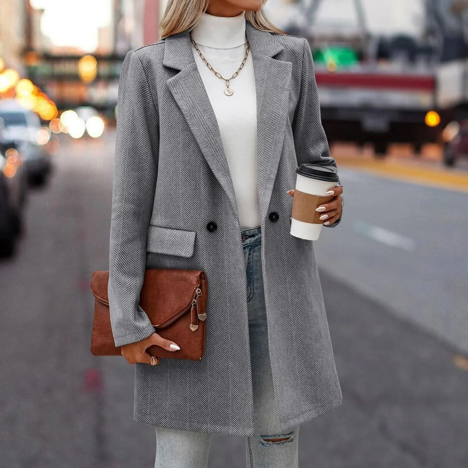 cooki Wool Coats for Women Long Women's Wool Coat Knee Length Jackets Winter Trench Coats Lapel Collar Button Down Peacoats