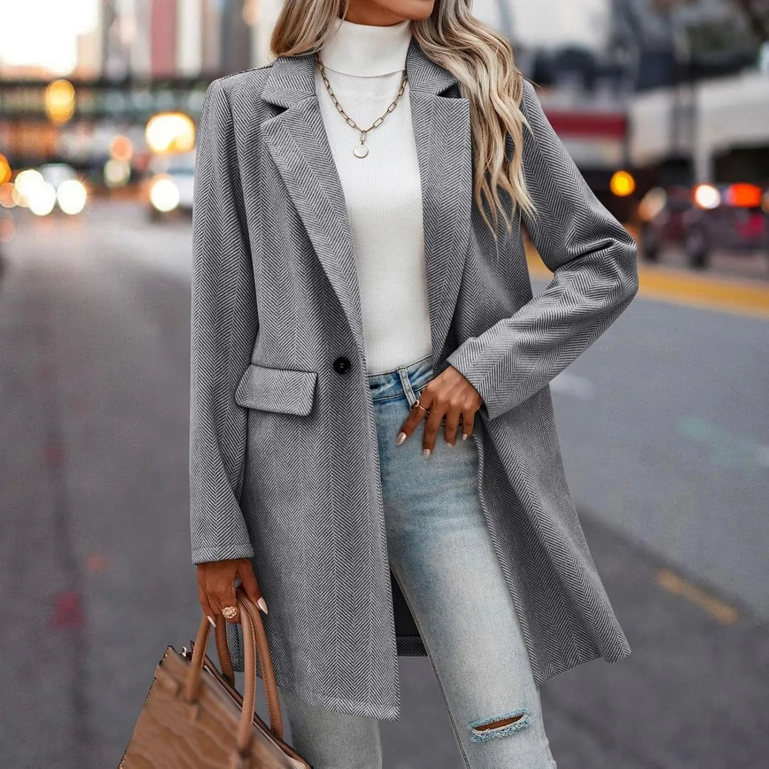 cooki Wool Coats for Women Long Women's Wool Coat Knee Length Jackets Winter Trench Coats Lapel Collar Button Down Peacoats