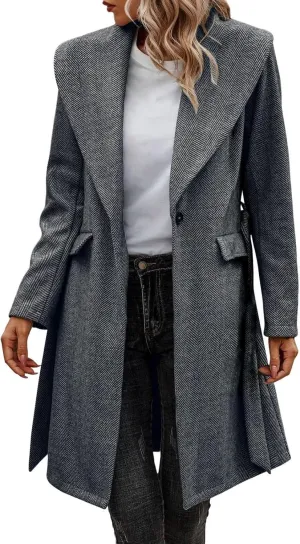 cooki Wool Coats for Women Long Women's Wool Coat Knee Length Warm Winter Trench Coats Lapel Button Down Peacoat With Belt