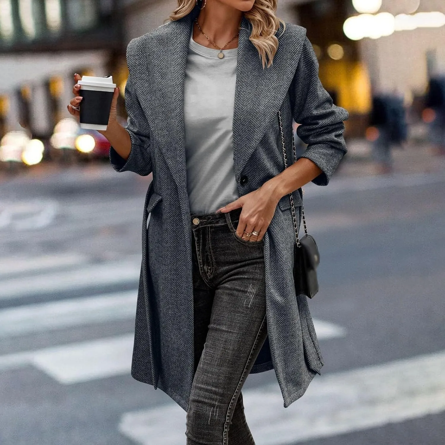 cooki Wool Coats for Women Long Women's Wool Coat Knee Length Warm Winter Trench Coats Lapel Button Down Peacoat With Belt