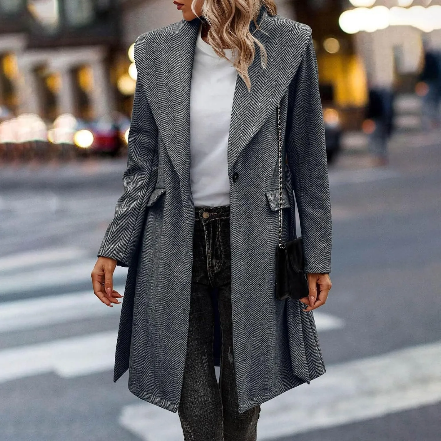 cooki Wool Coats for Women Long Women's Wool Coat Knee Length Warm Winter Trench Coats Lapel Button Down Peacoat With Belt