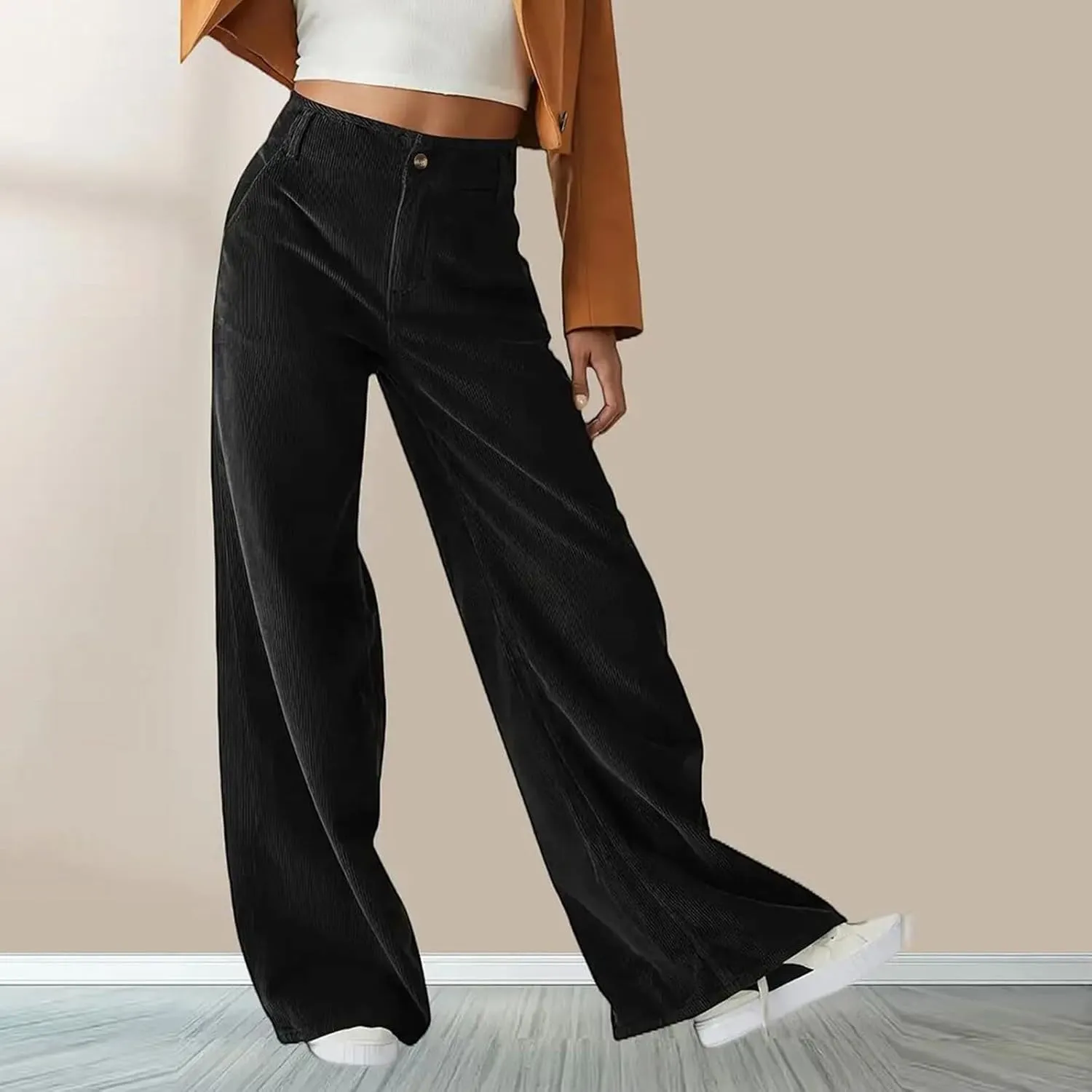 Corduroy Pants Women Button High Waisted Pants Wide Leg Lounge Pants Dressy Casual Work Trousers Pants with Pockets