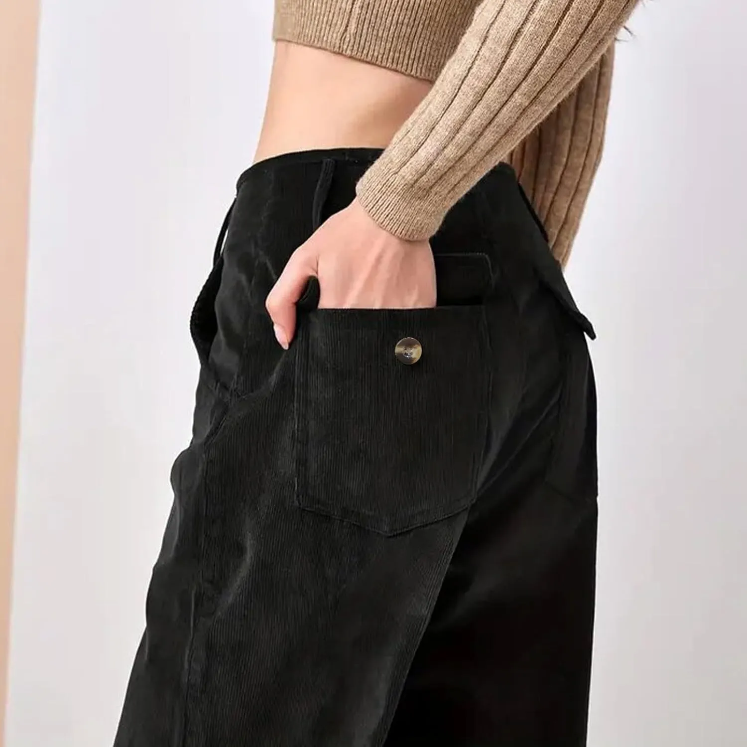 Corduroy Pants Women Button High Waisted Pants Wide Leg Lounge Pants Dressy Casual Work Trousers Pants with Pockets