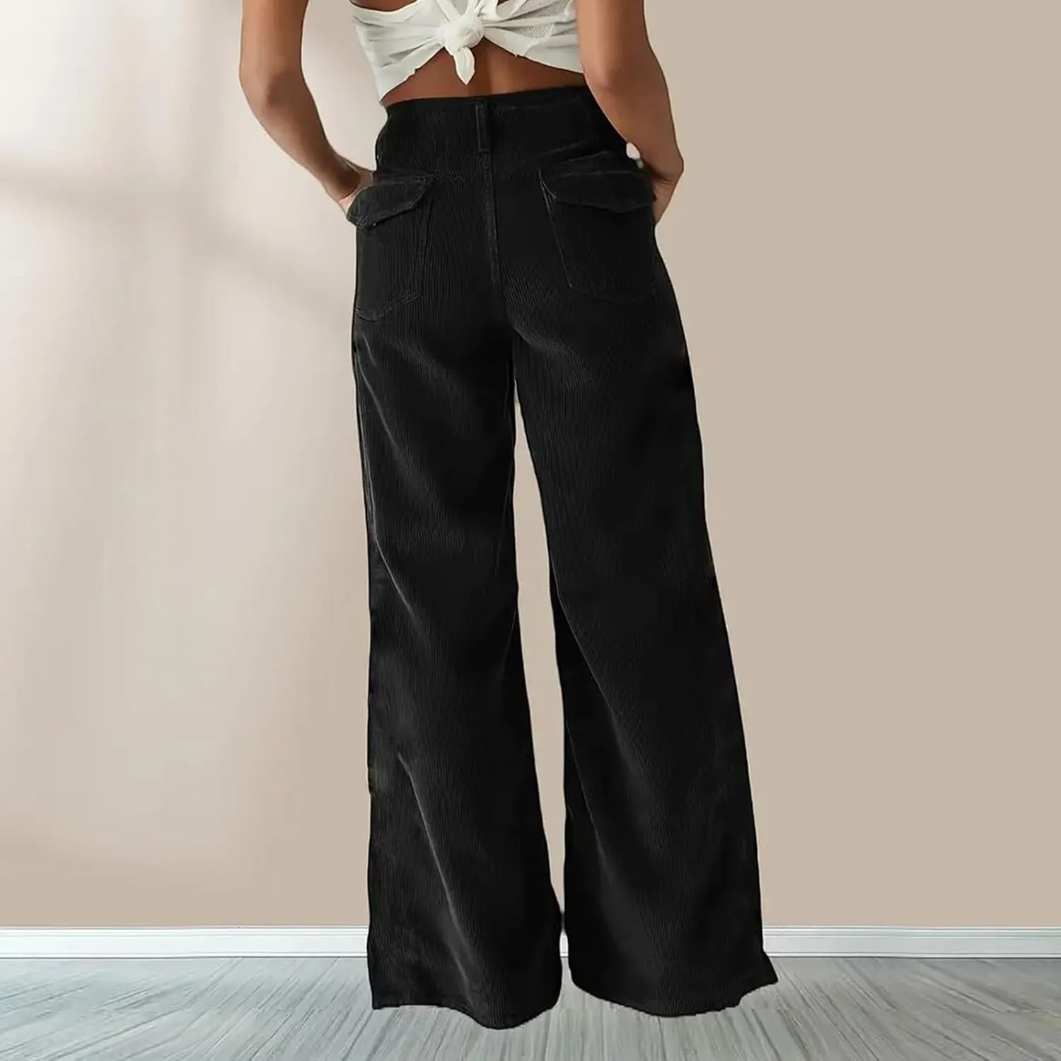 Corduroy Pants Women Button High Waisted Pants Wide Leg Lounge Pants Dressy Casual Work Trousers Pants with Pockets