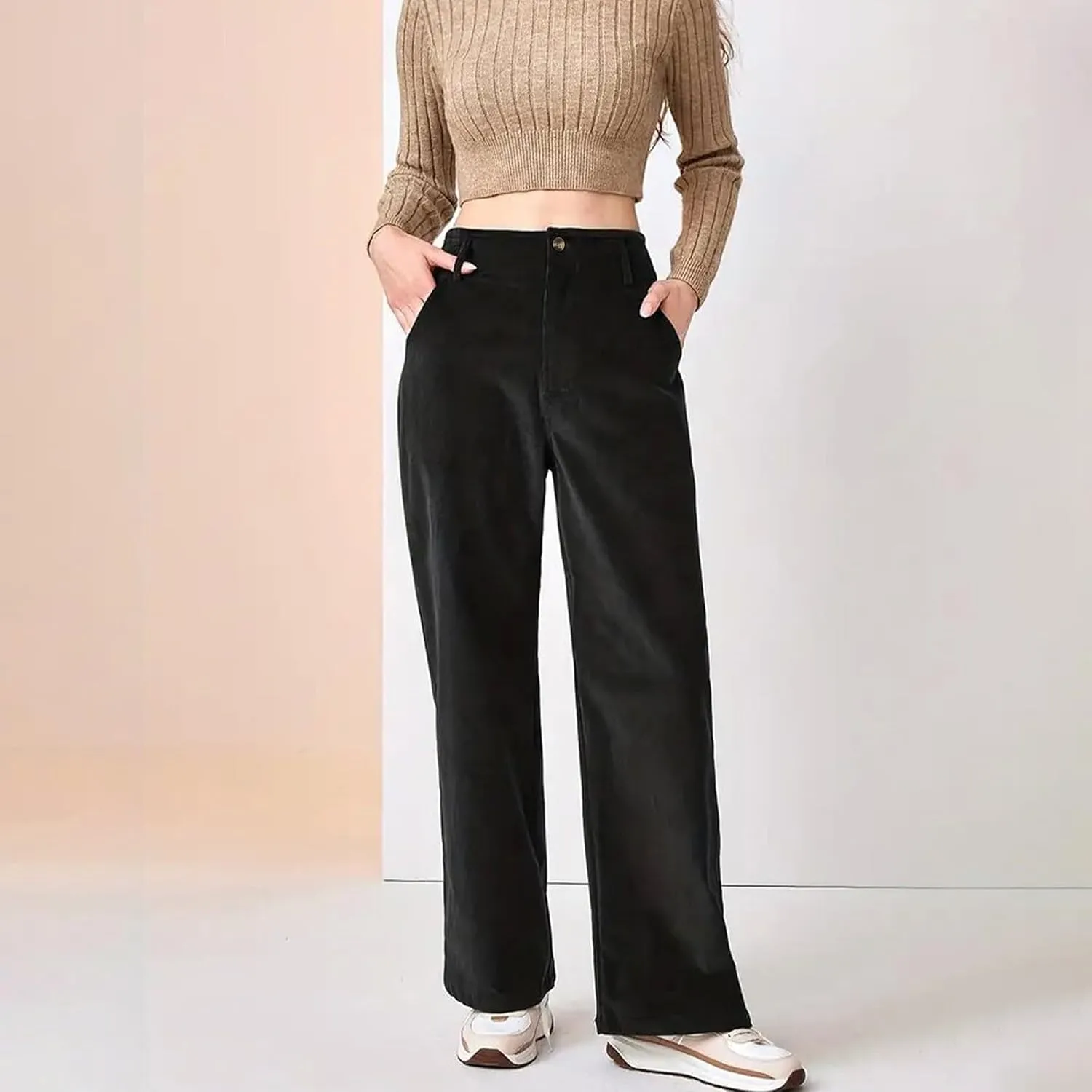Corduroy Pants Women Button High Waisted Pants Wide Leg Lounge Pants Dressy Casual Work Trousers Pants with Pockets
