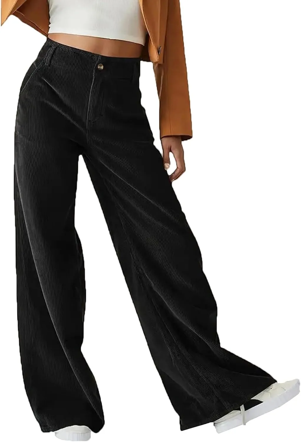 Corduroy Pants Women Button High Waisted Pants Wide Leg Lounge Pants Dressy Casual Work Trousers Pants with Pockets