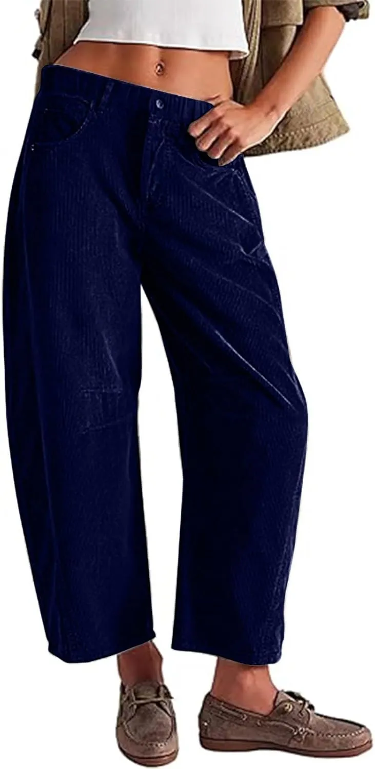 Corduroy Pants Women High Waisted Wide Leg Pants Button Elastic Waist Barrel Pants Loose Lounge Pants with Pockets